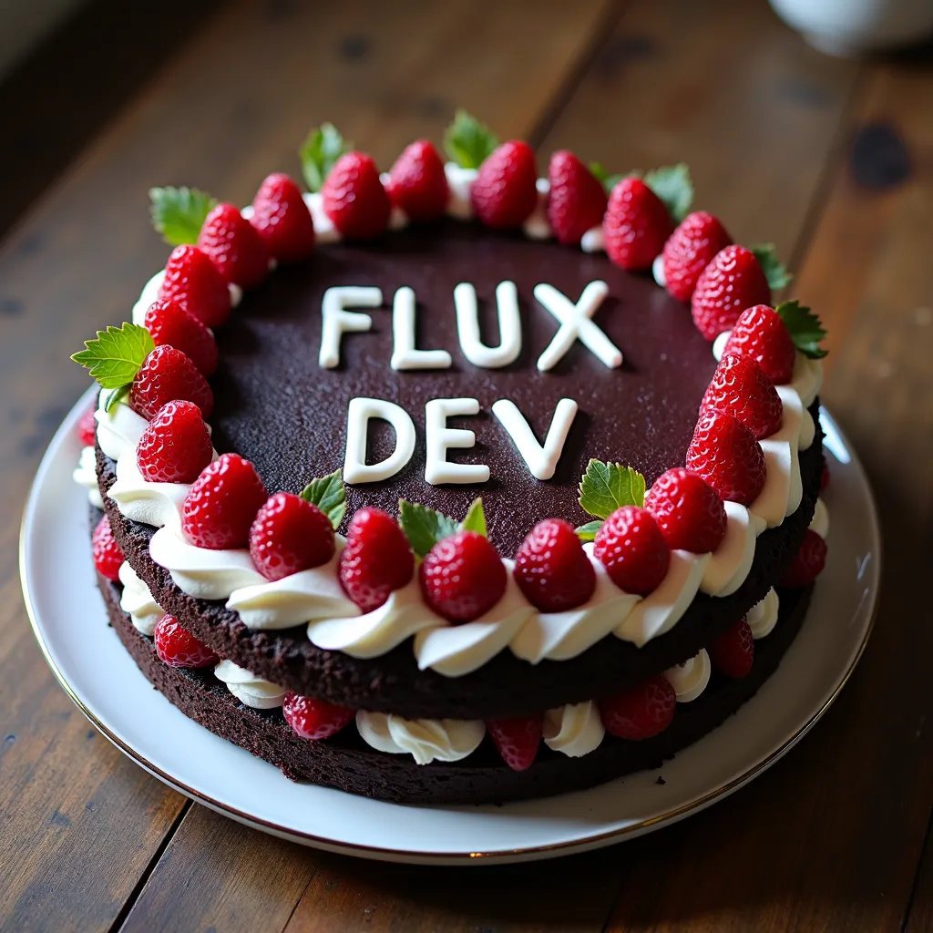 黑森林蛋糕上写着“FLUX DEV”，美味，美食摄影，动态拍摄