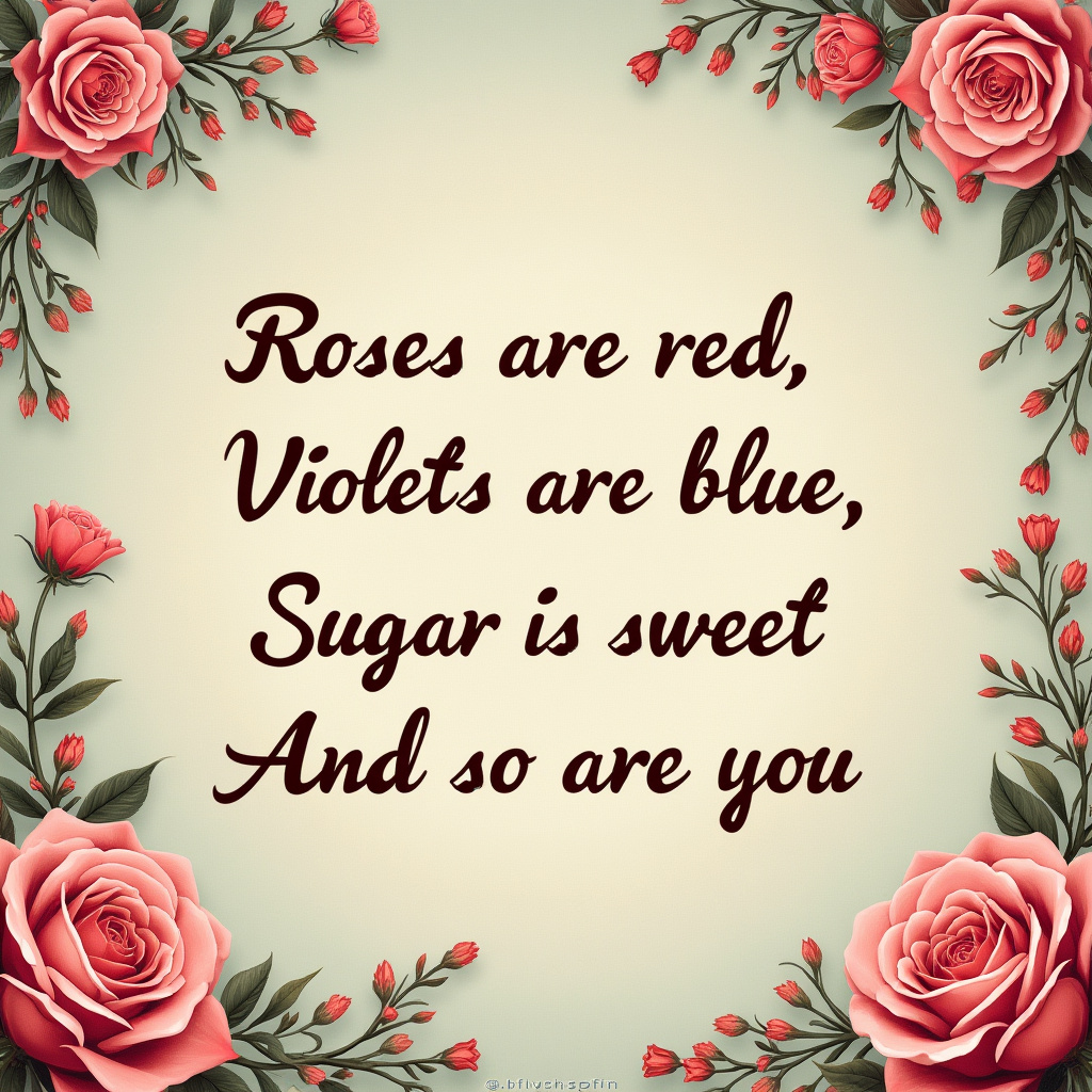 Write this poem with cursive text on a background that fits the words:
Roses are red
  Violets are blue,
Sugar is sweet  
And so are you.