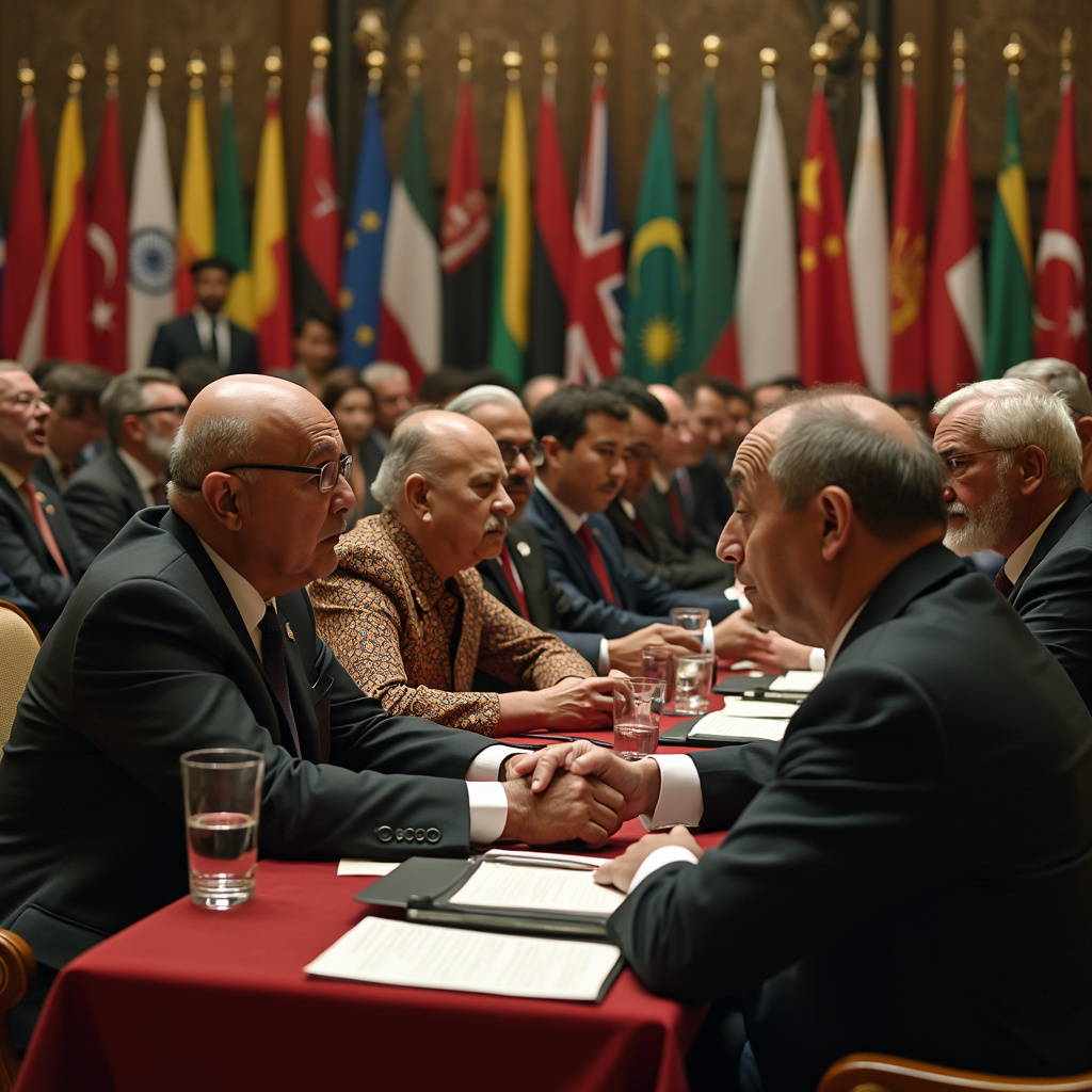 A tense diplomatic negotiation in a grand hall, featuring representatives from 20 different countries, each wearing traditional attire. The scene should include interpreters, aides whispering to their leaders, and visible emotional reactions ranging from frustration to hope