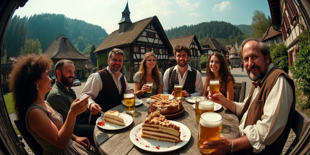 Fisheye view of an 18th-century Black Forest village with villagers enjoying cake and beer, featuring thatched houses, forest, and a church spire.