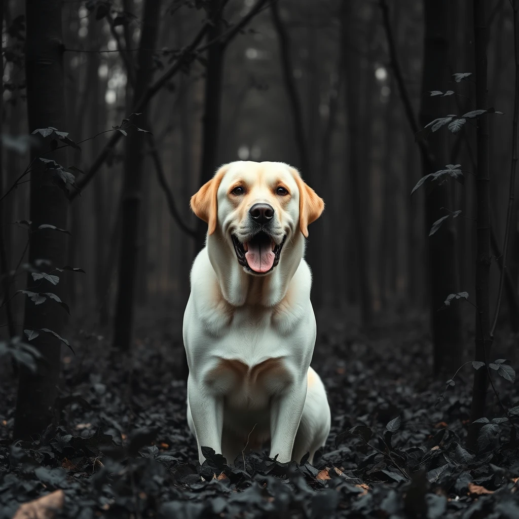 Labrador in a black forest with black trees and black leaves