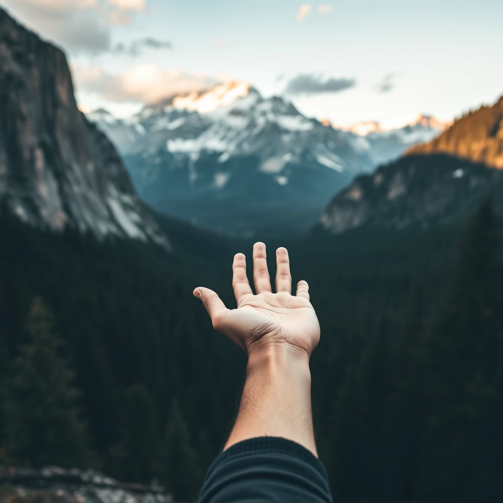 POV someone holding their hand up, stunning black forest mountains